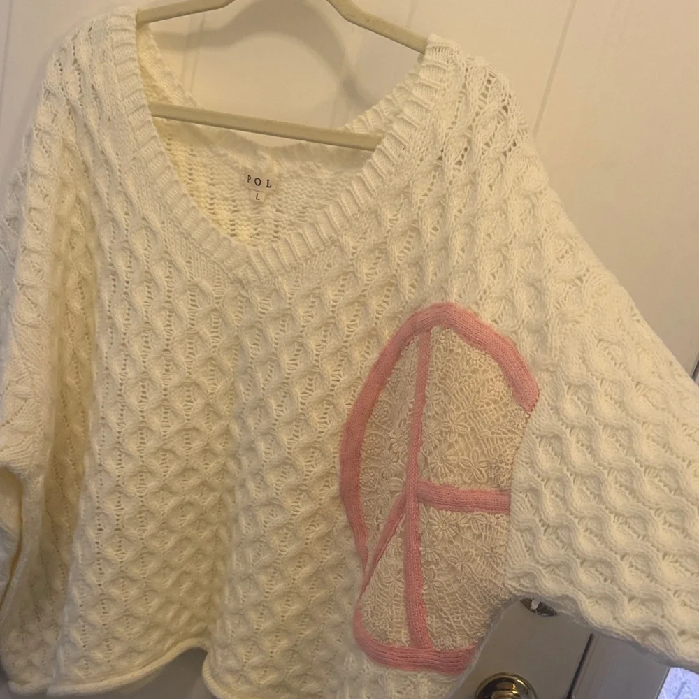 POL Cream V-Neck Sweater with Pink Peace Sign - Picture 6 of 7
